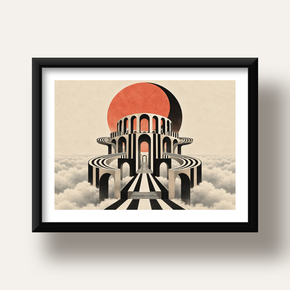 Soyut Mimari & Turuncu Güneş Dijital Sanat Poster — siyah derin çerçeveli paspartulu