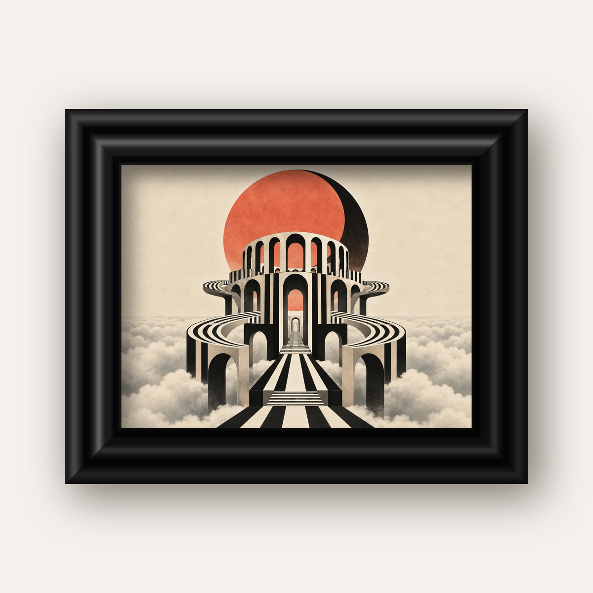 Soyut Mimari & Turuncu Güneş Dijital Sanat Poster — siyah galeri çerçeveli