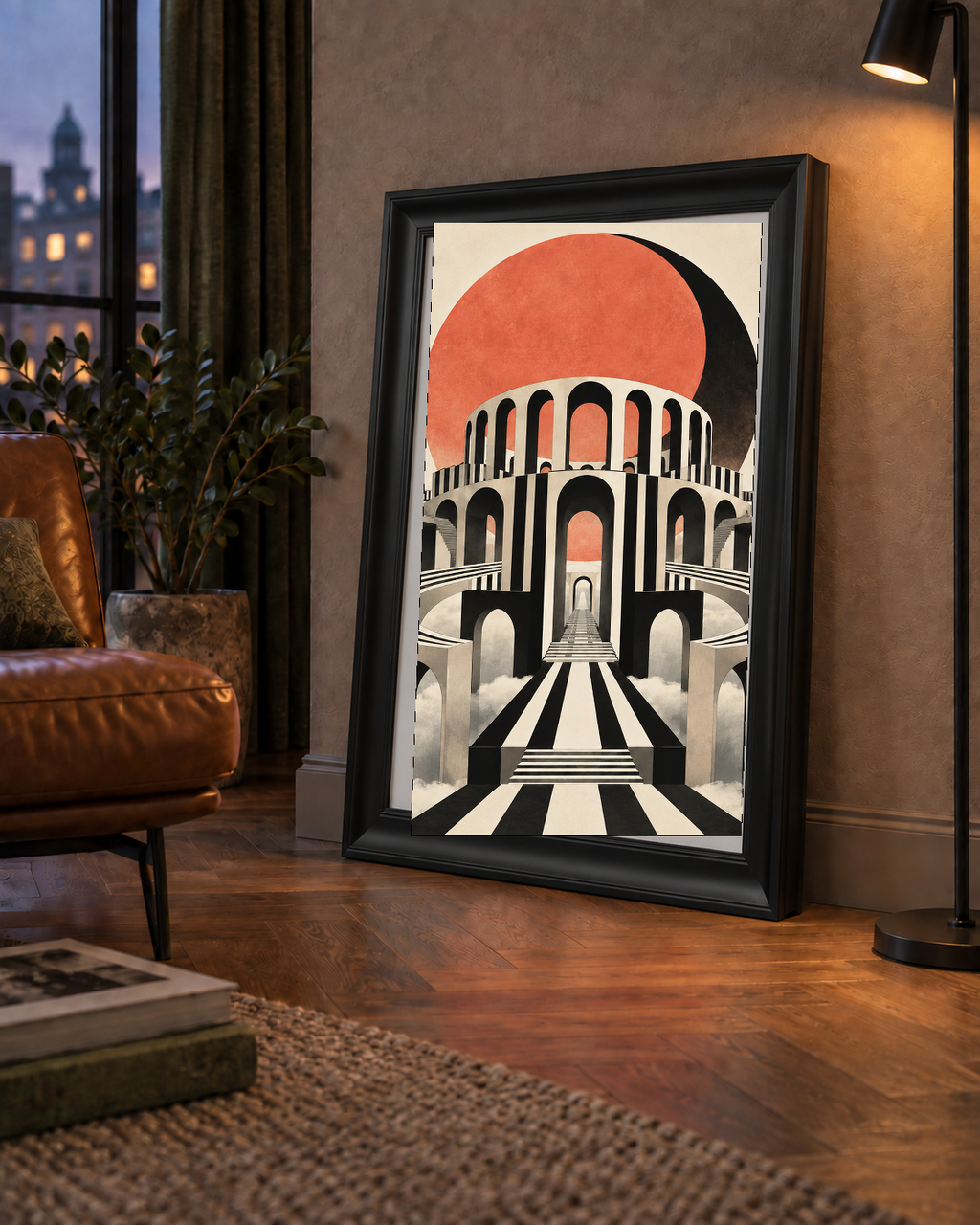 Soyut Mimari & Turuncu Güneş Dijital Sanat Poster
