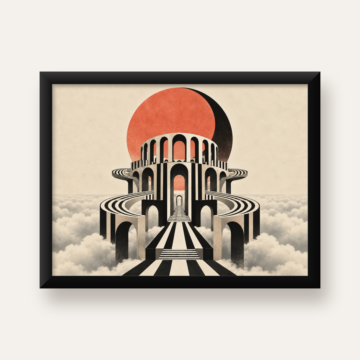 Soyut Mimari & Turuncu Güneş Dijital Sanat Poster — Yatay baskı, düz siyah çerçeveli duvar posteri