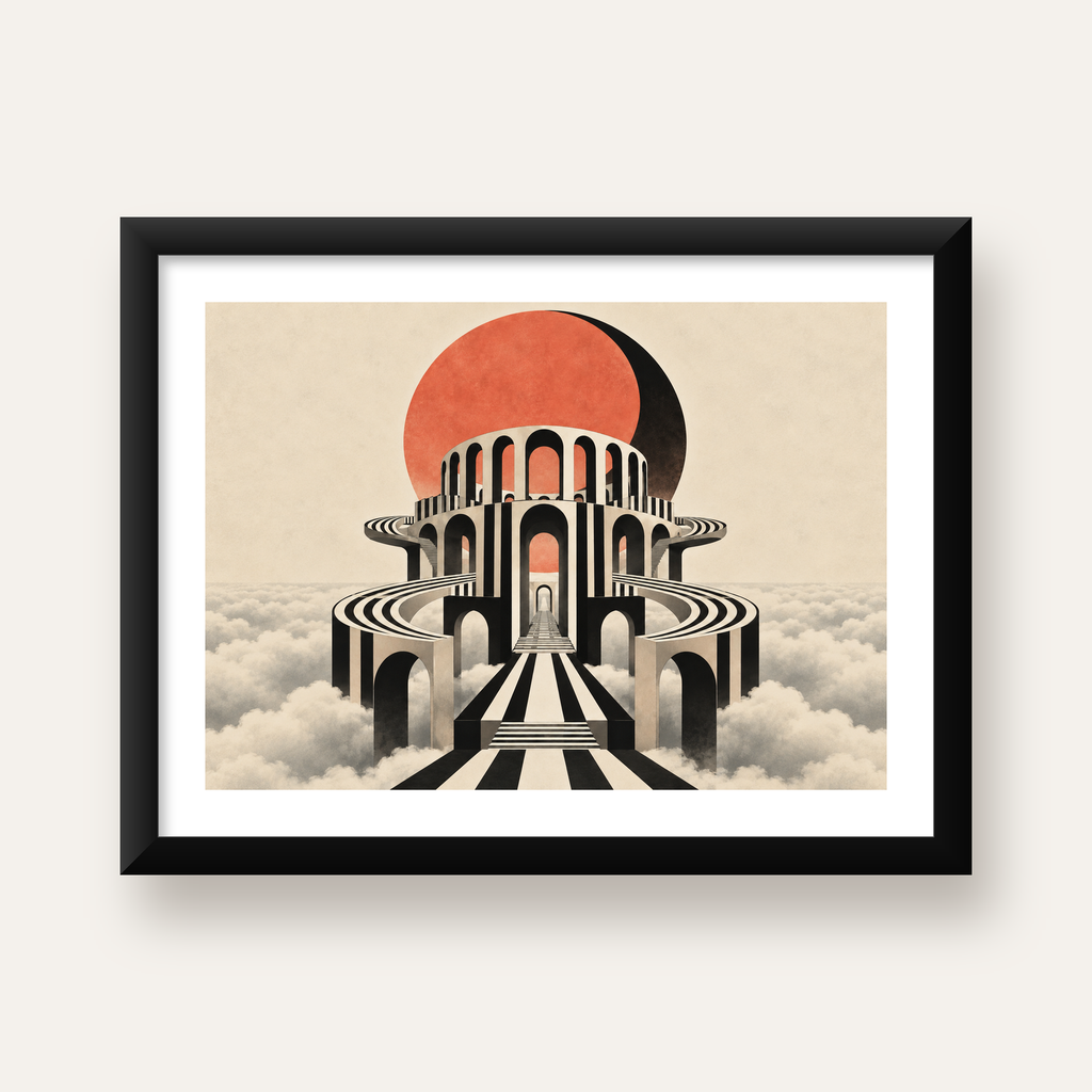 Soyut Mimari & Turuncu Güneş Dijital Sanat Poster — Yatay baskı, beyaz paspartulu