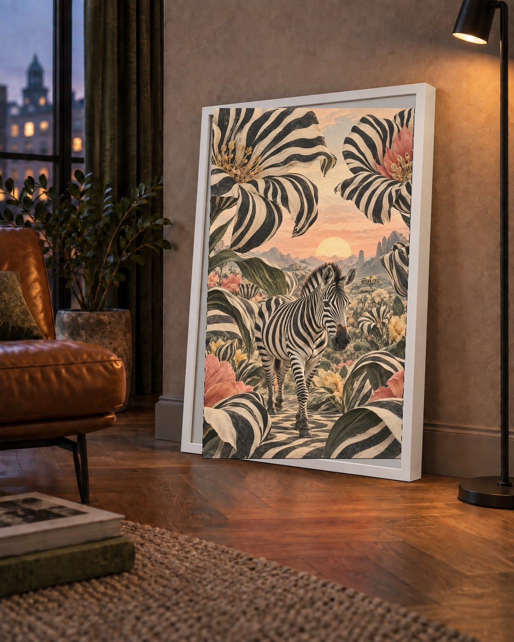 Zebra ve Siyah Beyaz Çiçeklerle Gün Batımı Poster