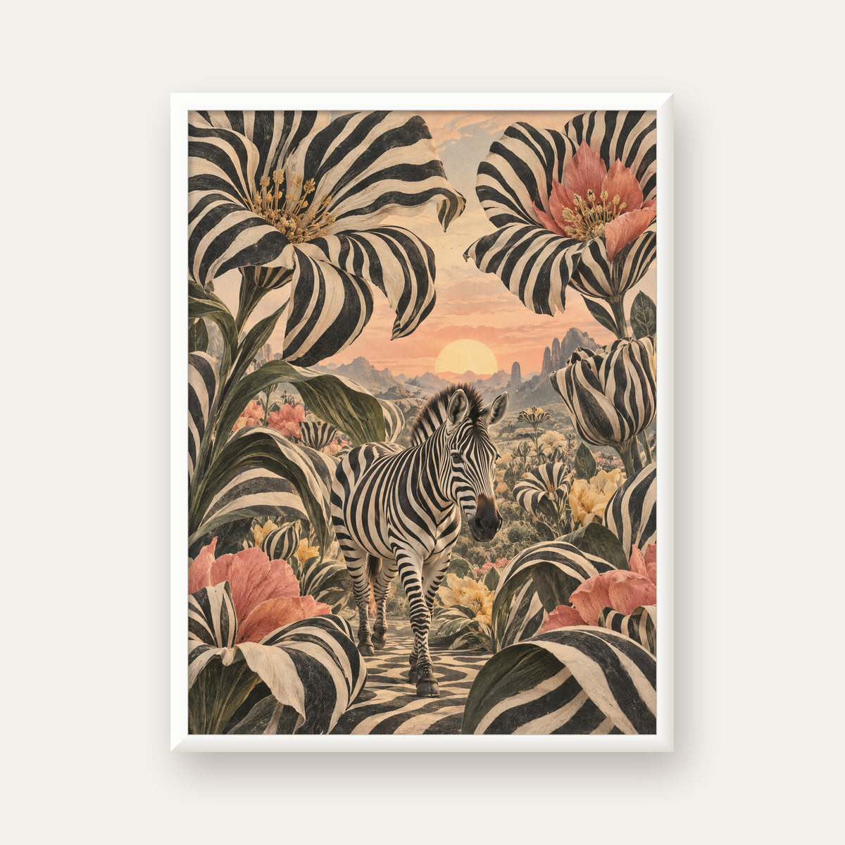 Zebra ve Siyah Beyaz Çiçeklerle Gün Batımı Poster — beyaz çerçeveli dikey poster