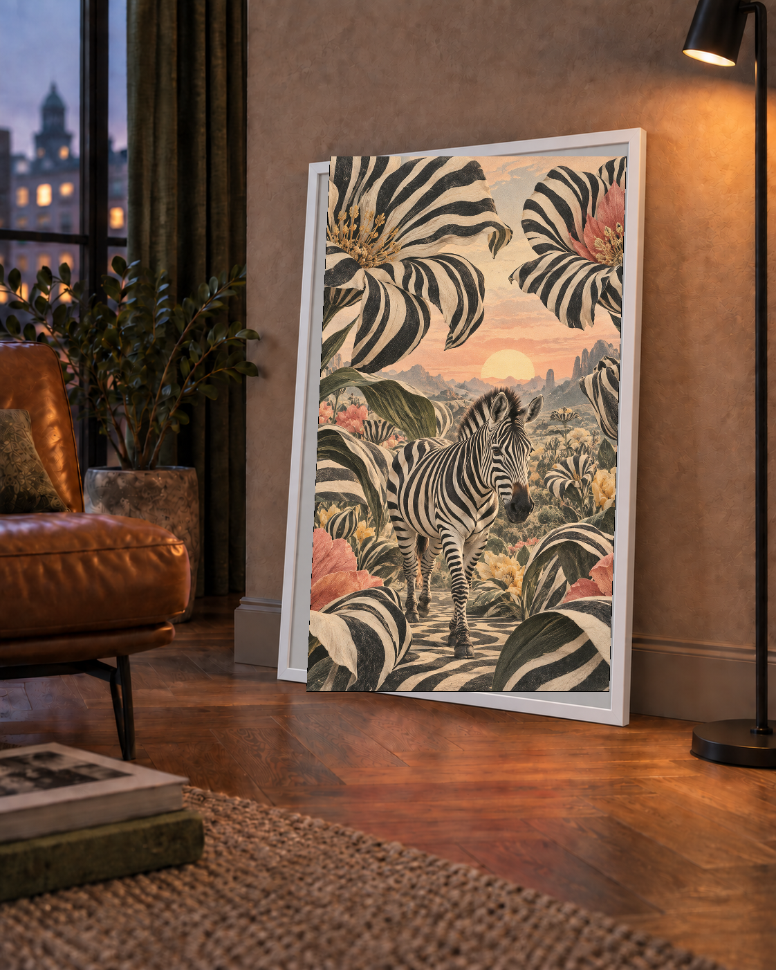 Zebra ve Siyah Beyaz Çiçeklerle Gün Batımı Poster