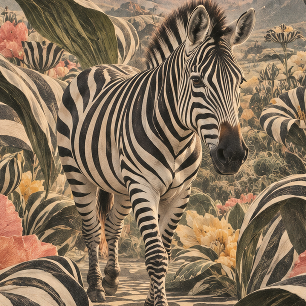Zebra ve Siyah Beyaz Çiçeklerle Gün Batımı Poster — baskının yakın çekimi, kâğıt dokusu ve renk detayı