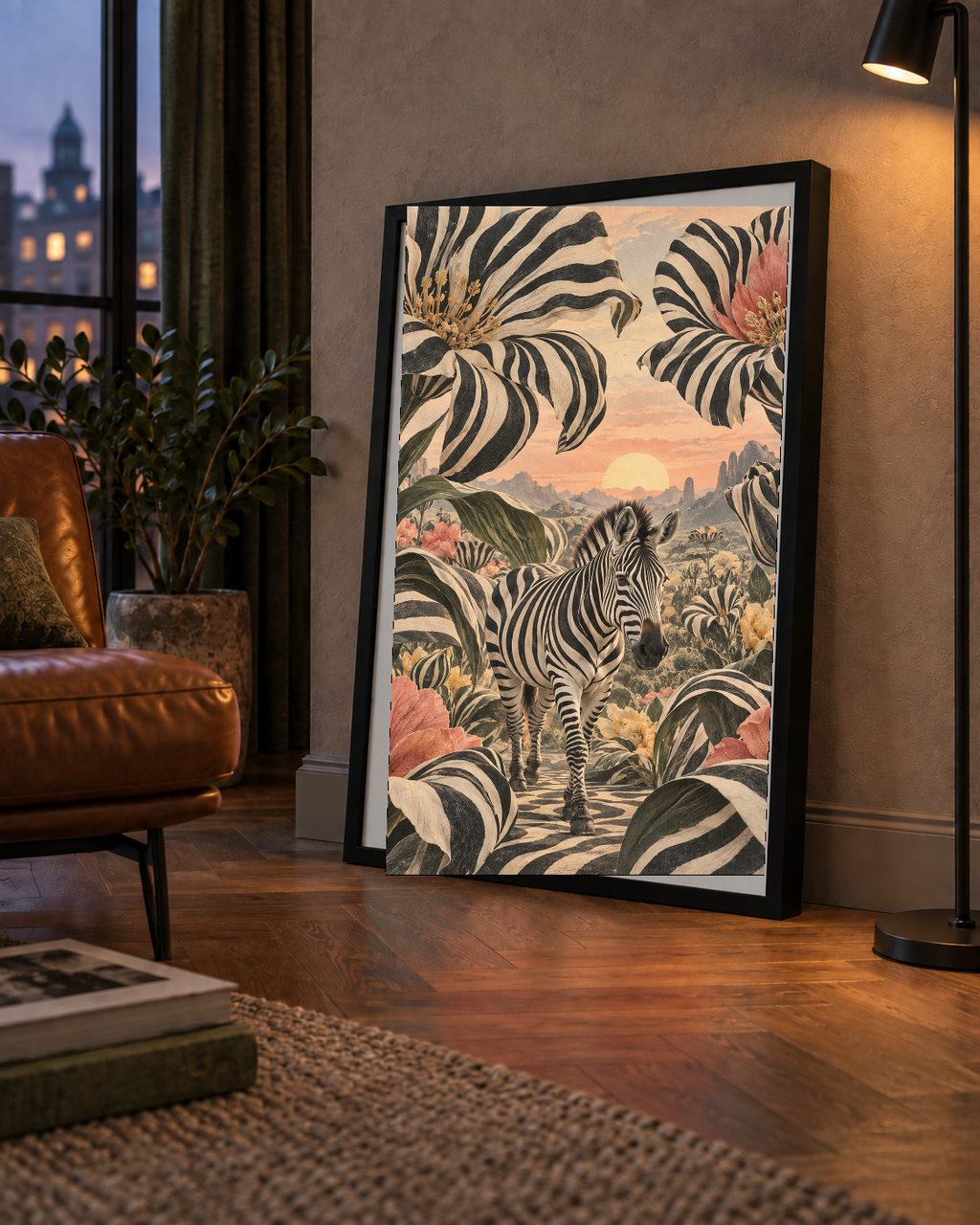 Zebra ve Siyah Beyaz Çiçeklerle Gün Batımı Poster