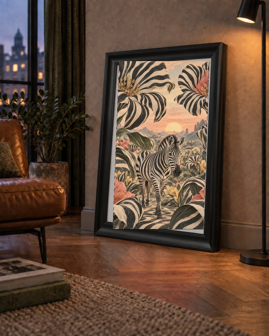 Zebra ve Siyah Beyaz Çiçeklerle Gün Batımı Poster