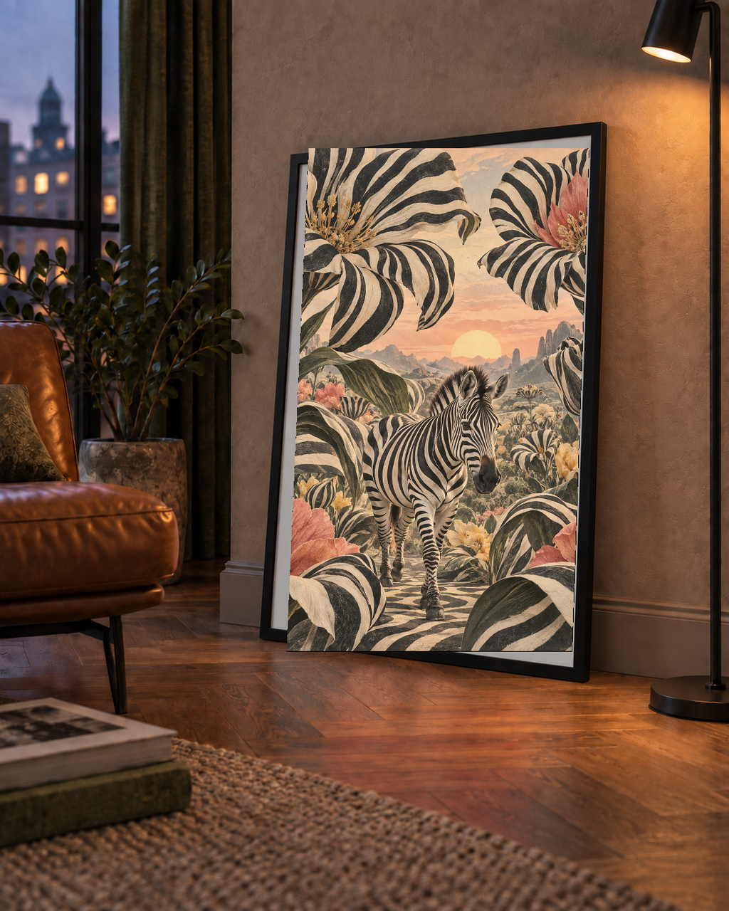 Zebra ve Siyah Beyaz Çiçeklerle Gün Batımı Poster