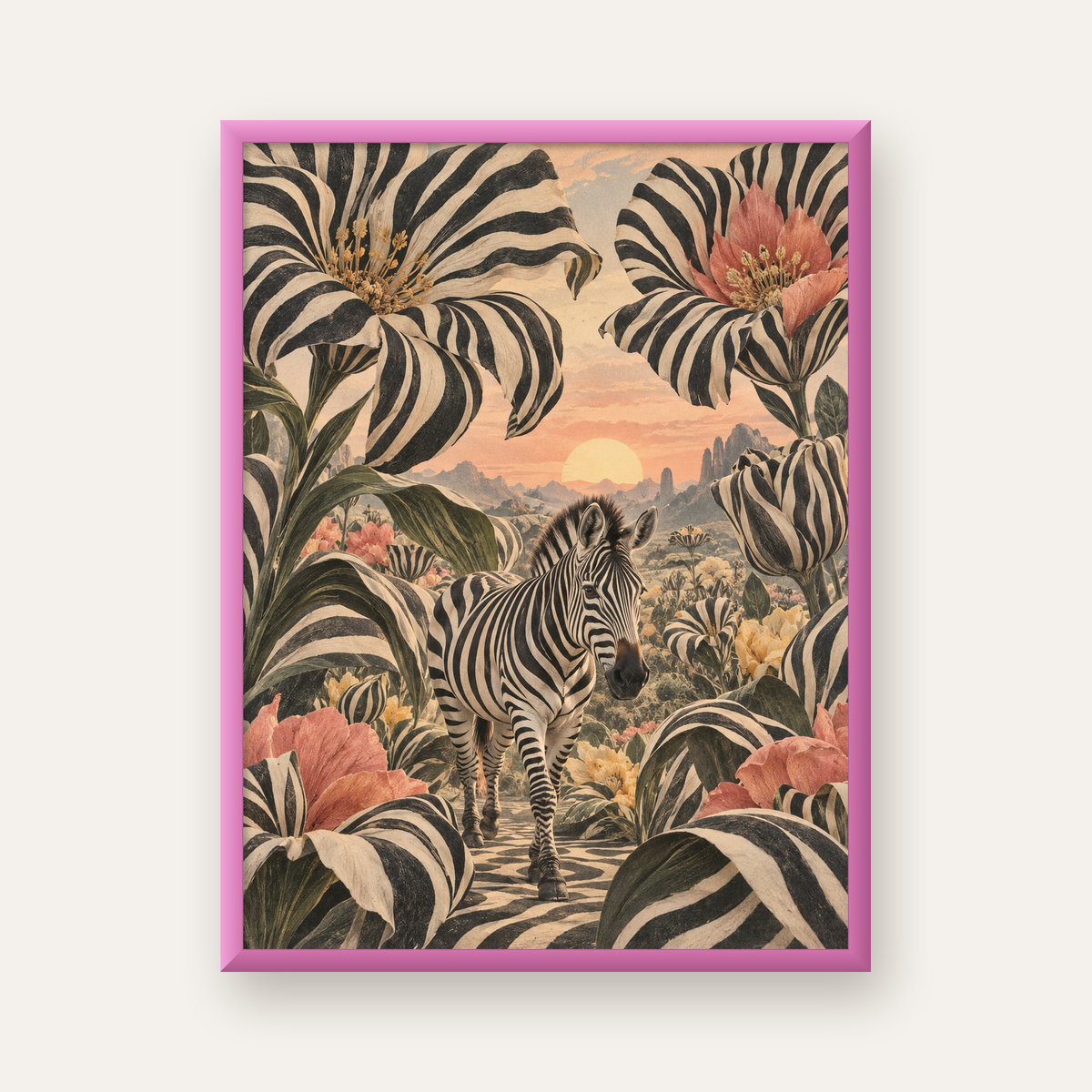 Zebra ve Siyah Beyaz Çiçeklerle Gün Batımı Poster — pembe çerçeveli
