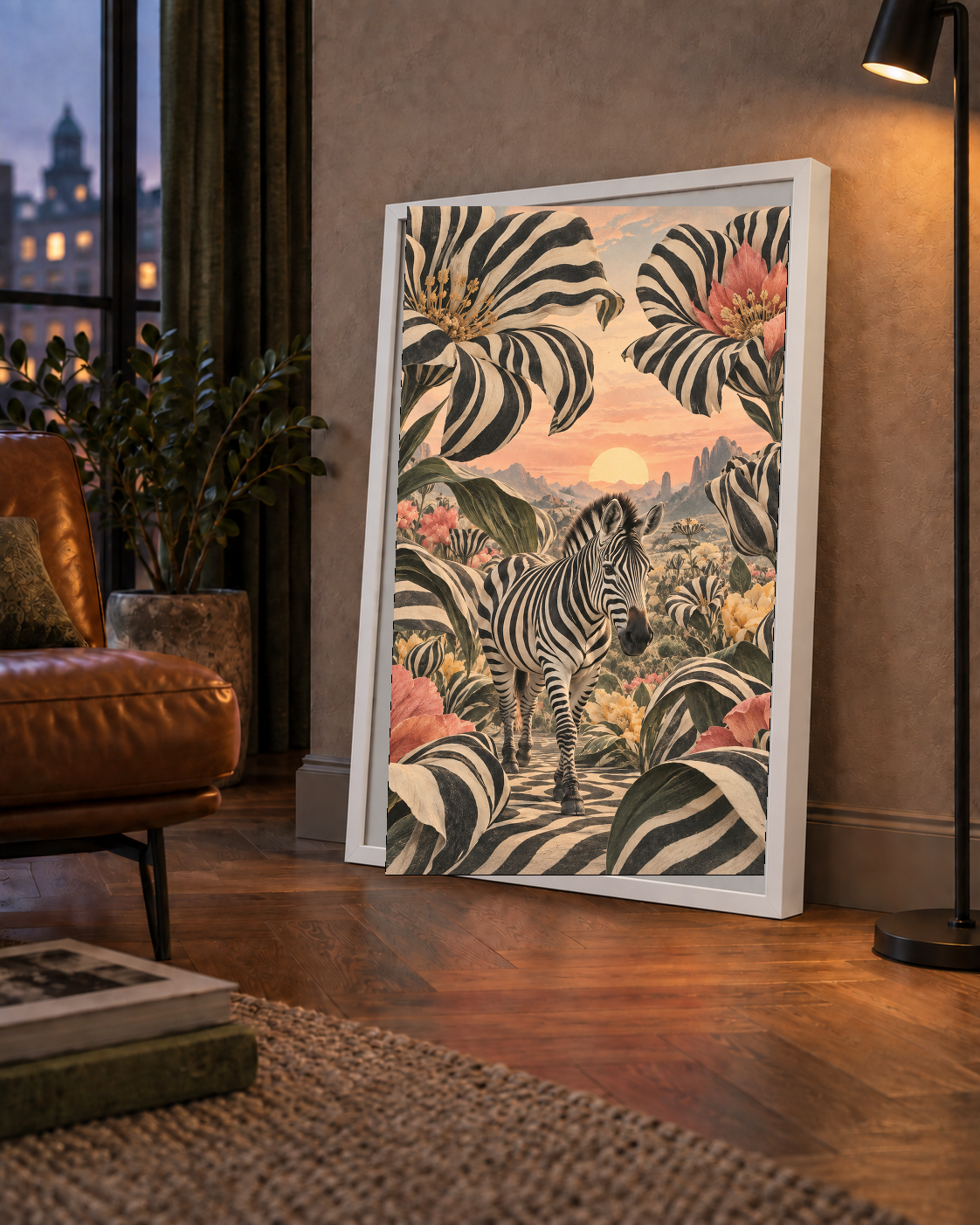 Zebra ve Siyah Beyaz Çiçeklerle Gün Batımı Poster