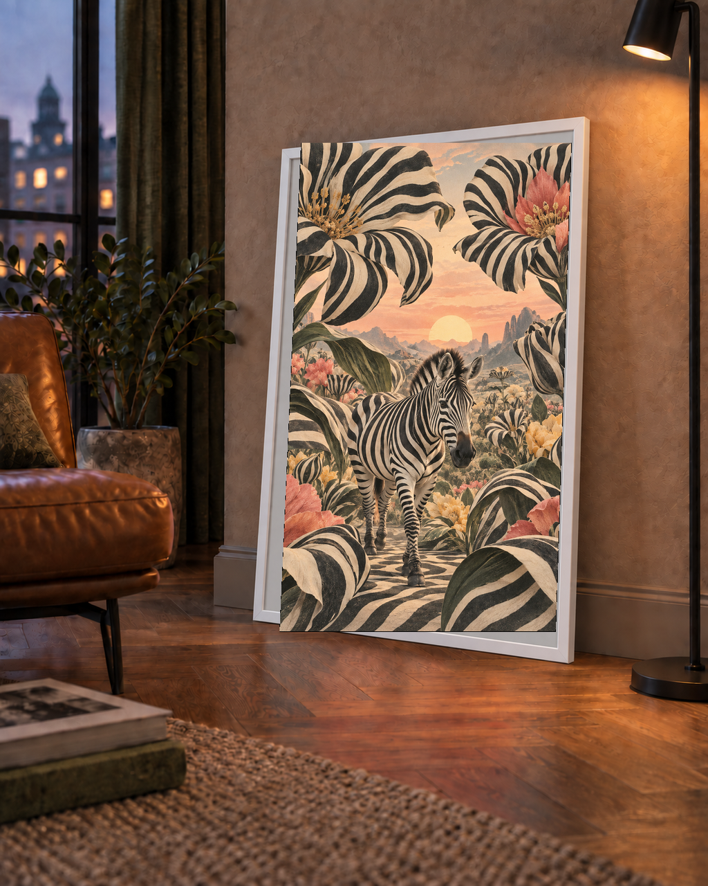 Zebra ve Siyah Beyaz Çiçeklerle Gün Batımı Poster