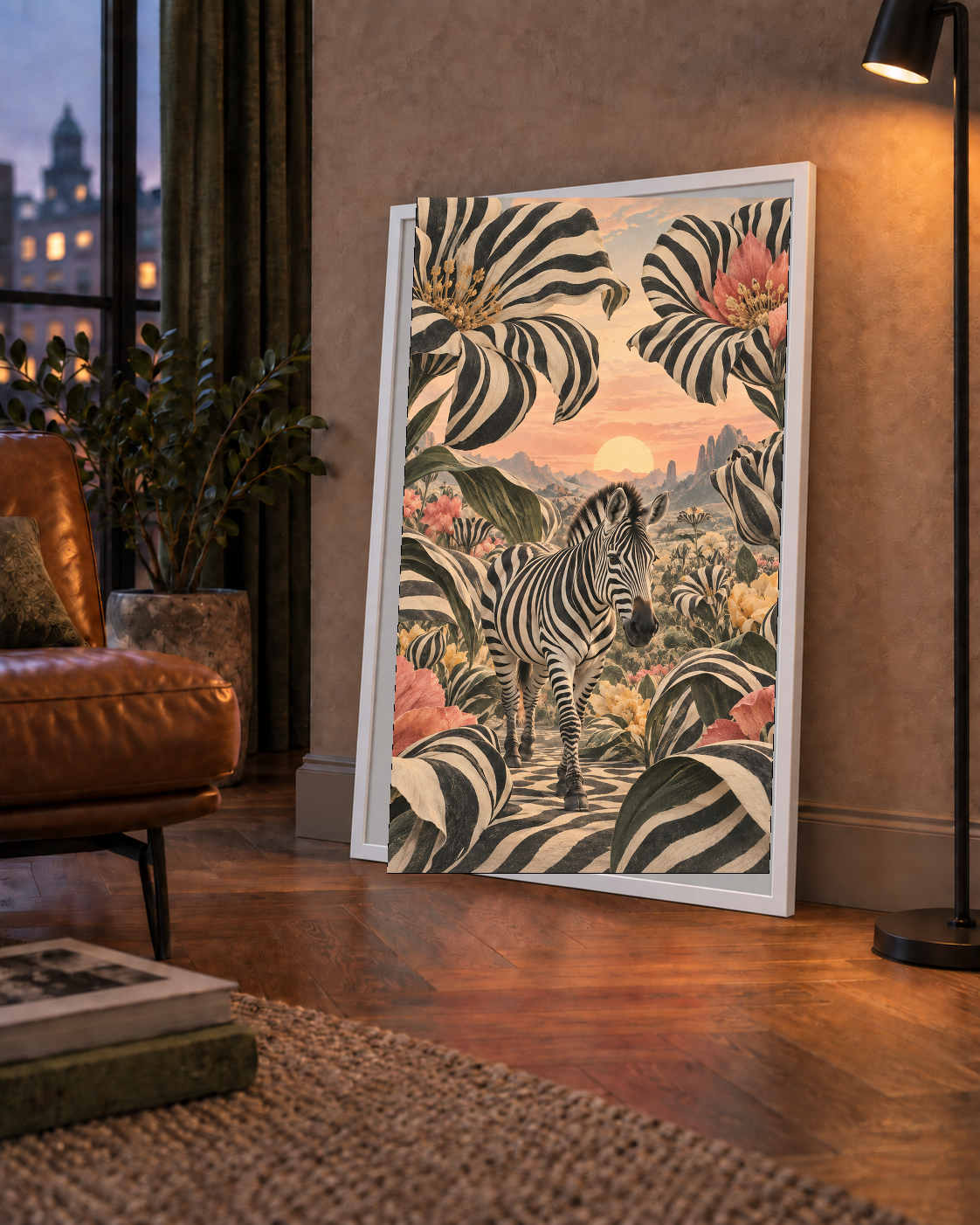 Zebra ve Siyah Beyaz Çiçeklerle Gün Batımı Poster