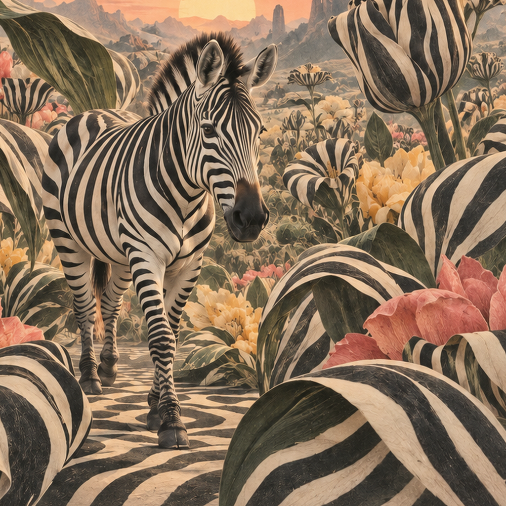 Zebra ve Siyah Beyaz Çiçeklerle Gün Batımı Poster — baskının yakın çekimi, kâğıt dokusu ve renk detayı