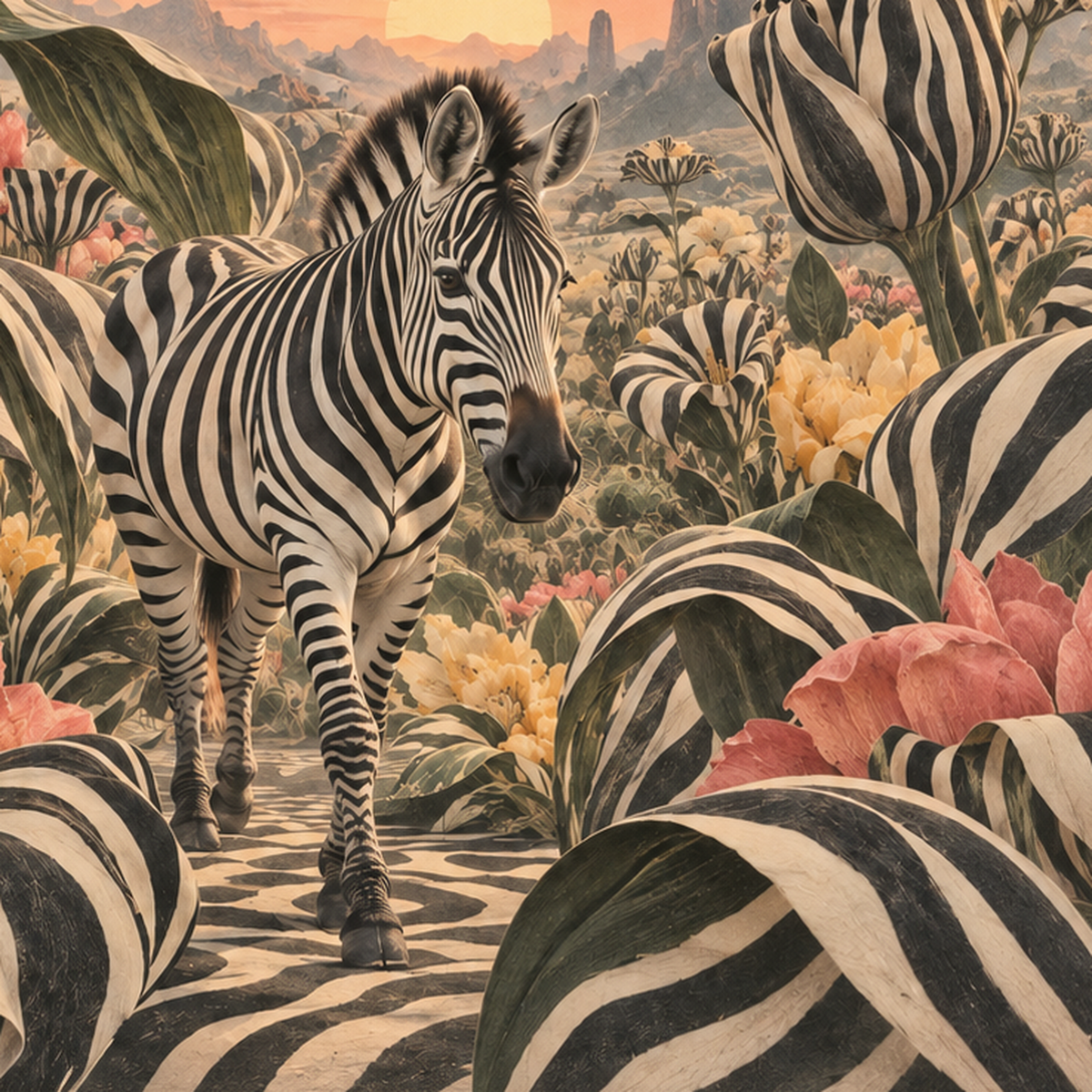 Zebra ve Siyah Beyaz Çiçeklerle Gün Batımı Poster — baskının yakın çekimi, kâğıt dokusu ve renk detayı
