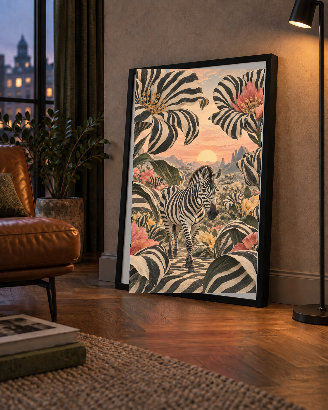 Zebra ve Siyah Beyaz Çiçeklerle Gün Batımı Poster