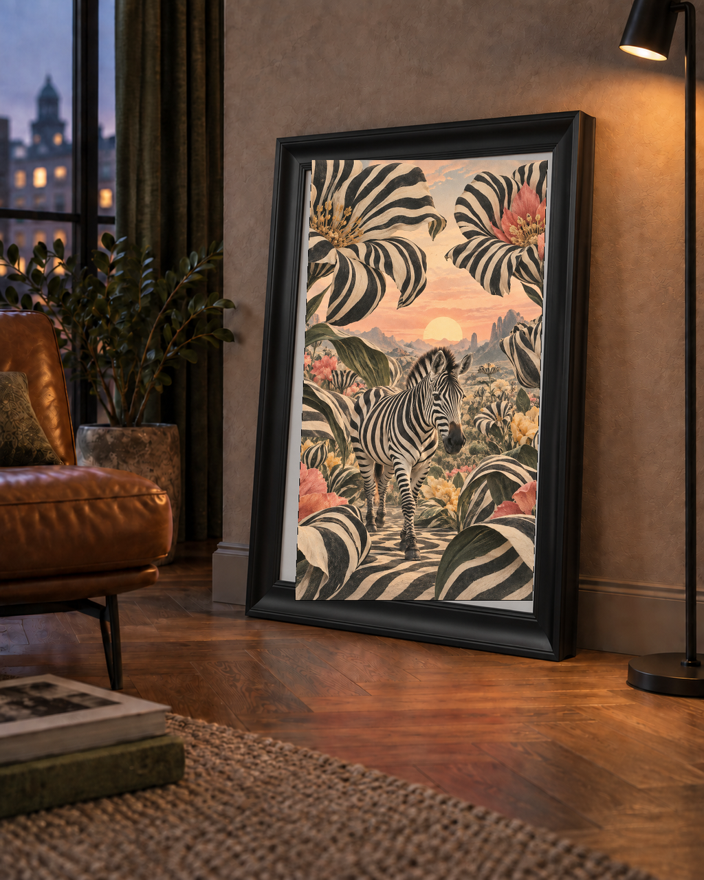 Zebra ve Siyah Beyaz Çiçeklerle Gün Batımı Poster