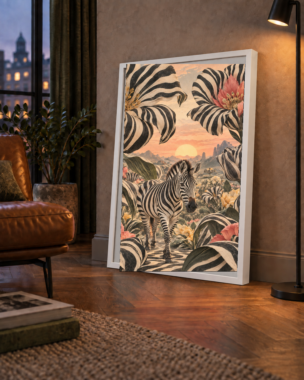 Zebra ve Siyah Beyaz Çiçeklerle Gün Batımı Poster