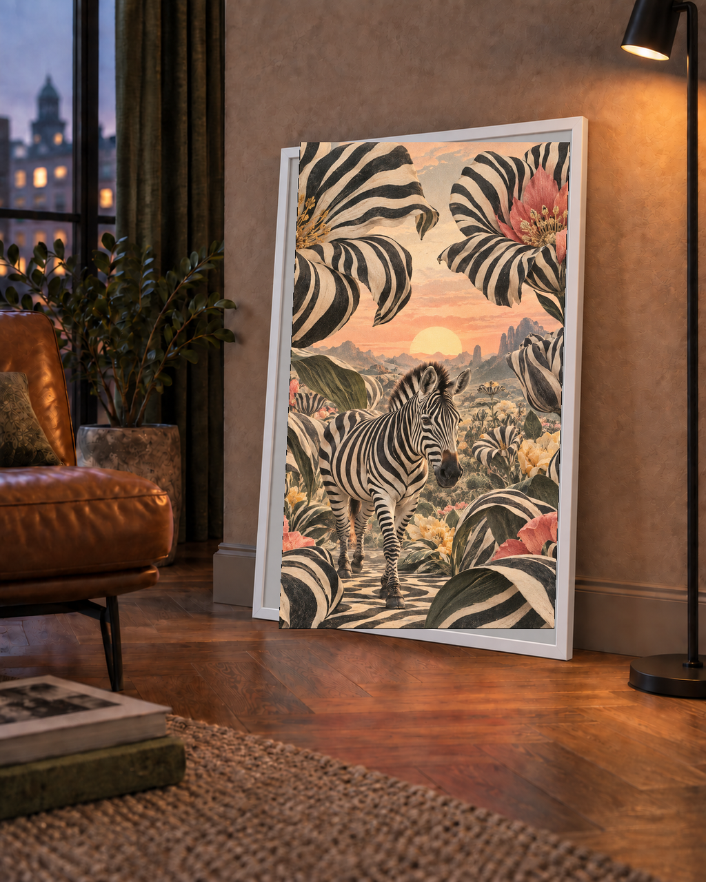 Zebra ve Siyah Beyaz Çiçeklerle Gün Batımı Poster