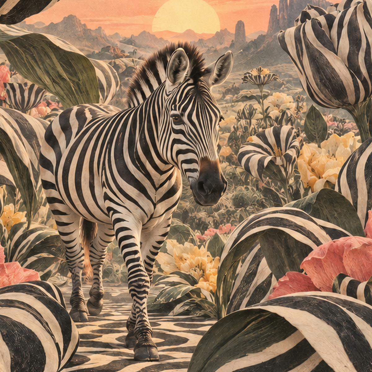 Zebra ve Siyah Beyaz Çiçeklerle Gün Batımı Poster — baskının yakın çekimi, kâğıt dokusu ve renk detayı