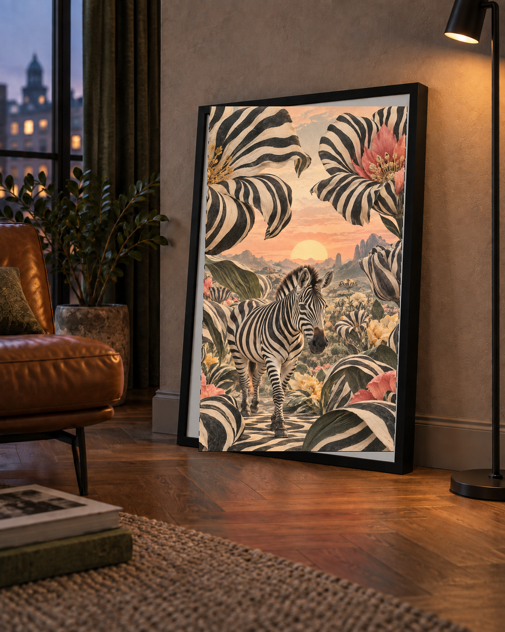 Zebra ve Siyah Beyaz Çiçeklerle Gün Batımı Poster