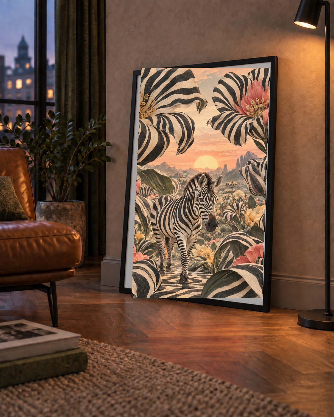 Zebra ve Siyah Beyaz Çiçeklerle Gün Batımı Poster
