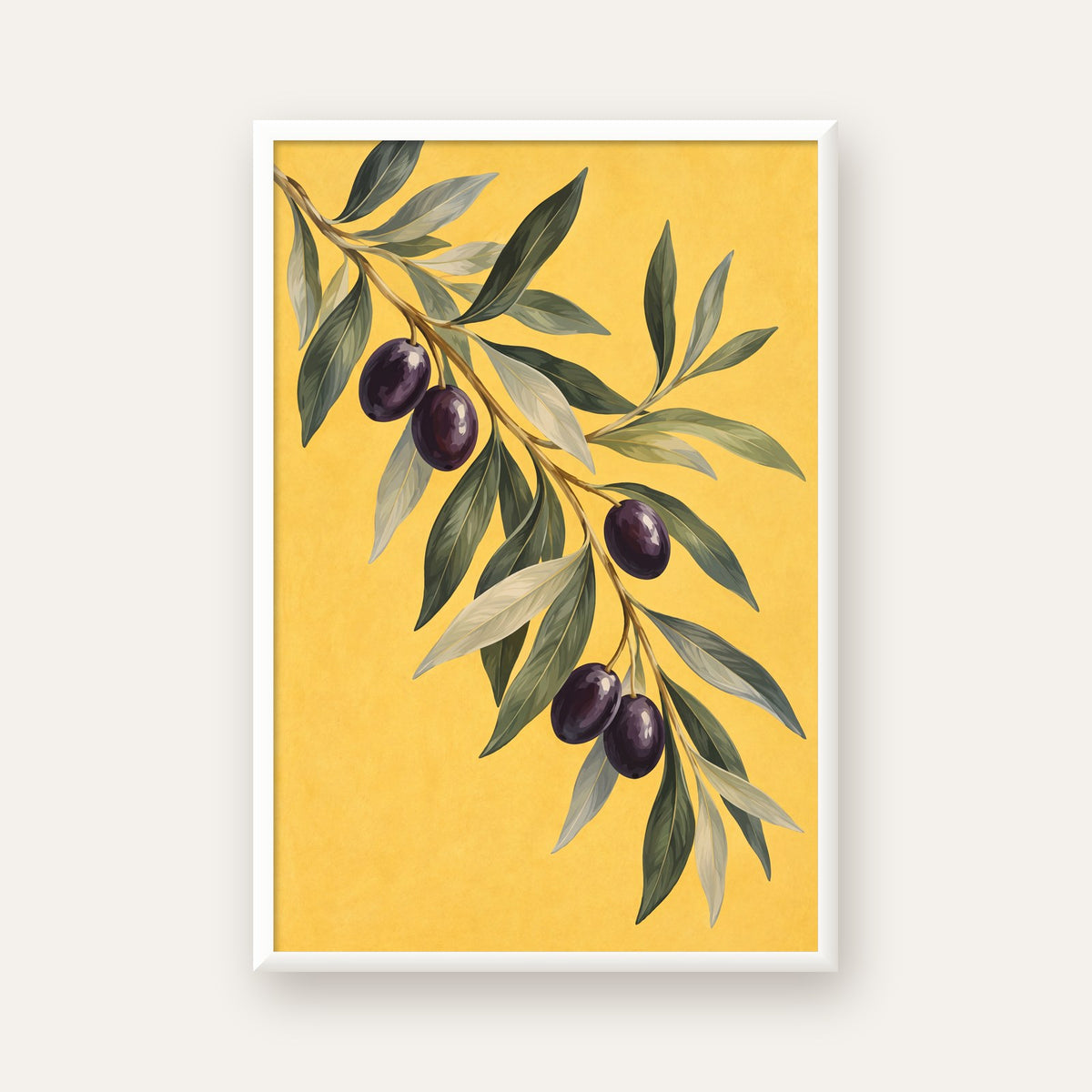 Sarı Zeminli Zeytin Dalı Suluboya Poster Baskısı — beyaz çerçeveli dikey poster