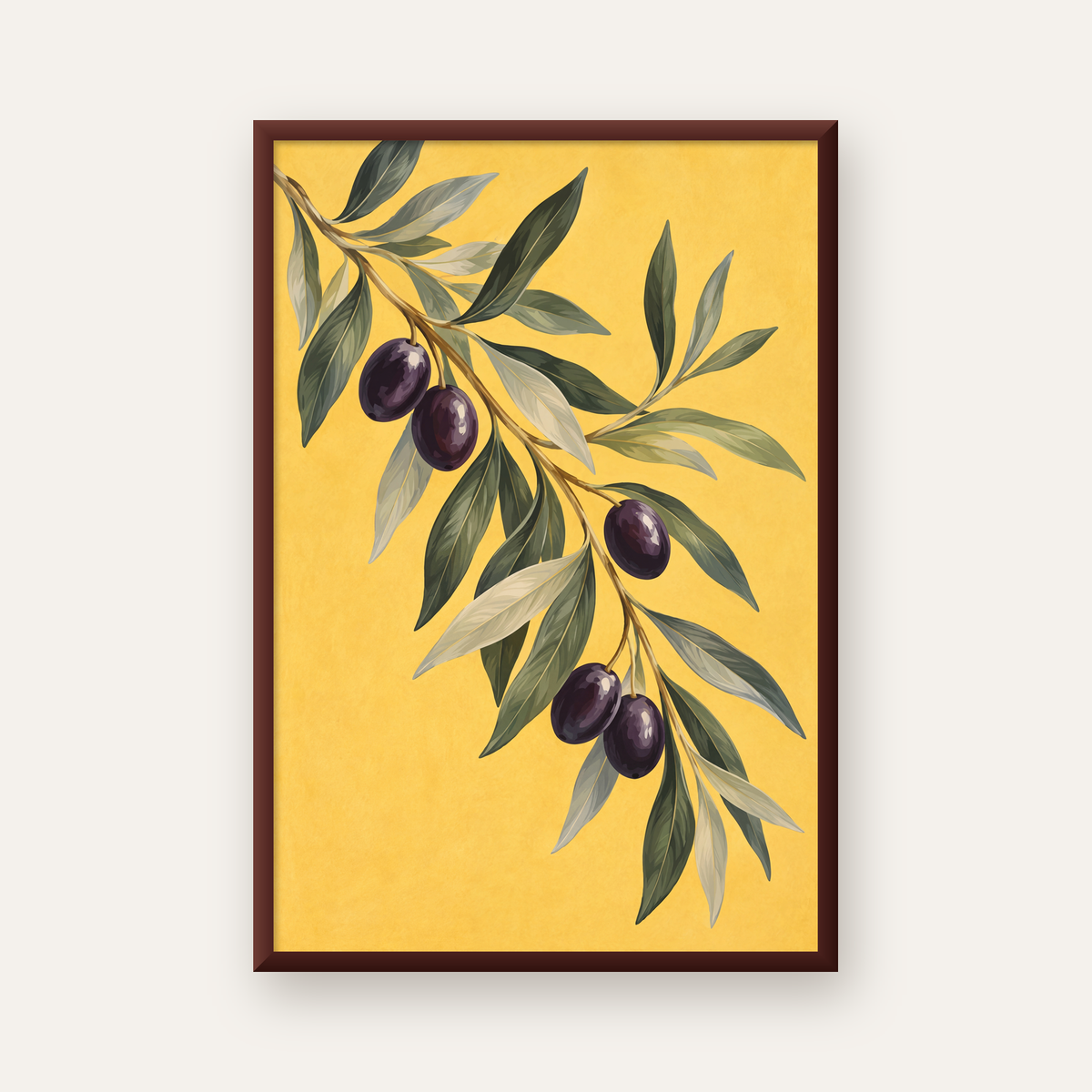 Sarı Zeminli Zeytin Dalı Suluboya Poster Baskısı — ceviz çerçeveli