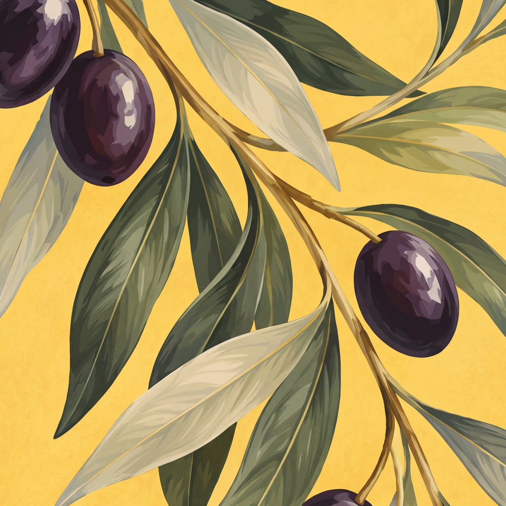 Sarı Zeminli Zeytin Dalı Suluboya Poster Baskısı — baskının yakın çekimi, kâğıt dokusu ve renk detayı
