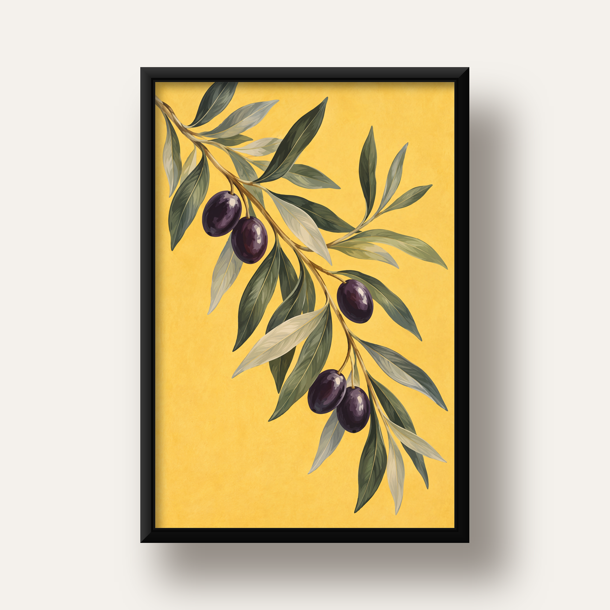 Sarı Zeminli Zeytin Dalı Suluboya Poster Baskısı — siyah derin çerçeveli