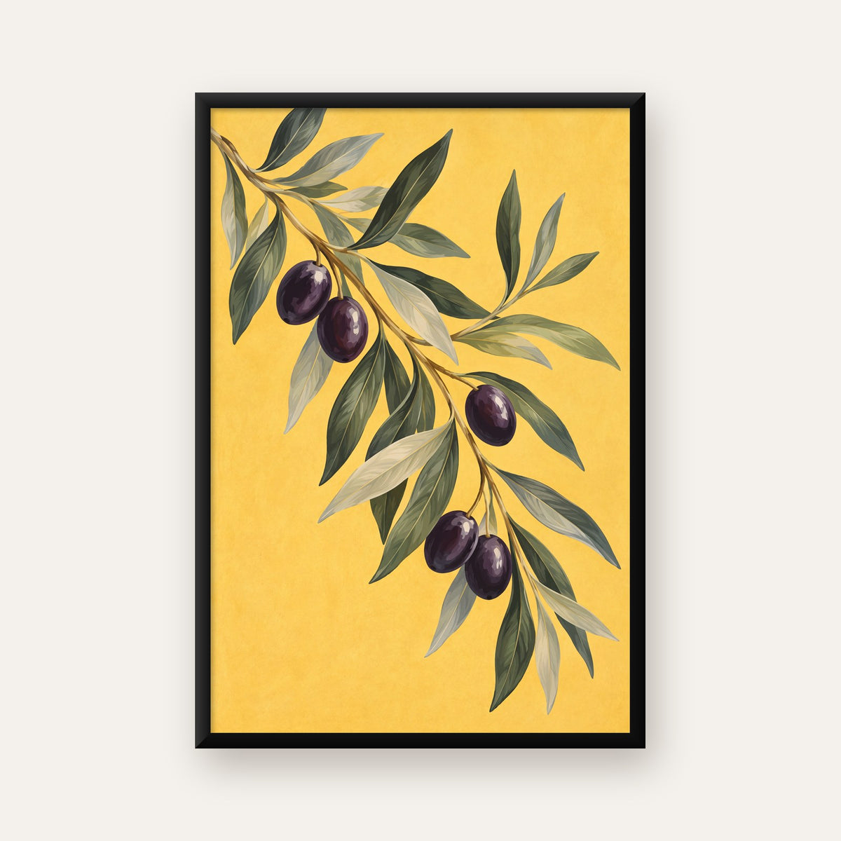 Sarı Zeminli Zeytin Dalı Suluboya Poster Baskısı — ceviz çerçeveli