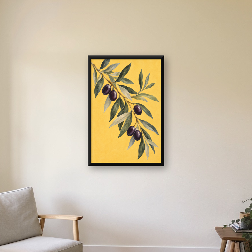Sarı Zeminli Zeytin Dalı Suluboya Poster Baskısı — çerçeveli hâliyle bir ev duvarında