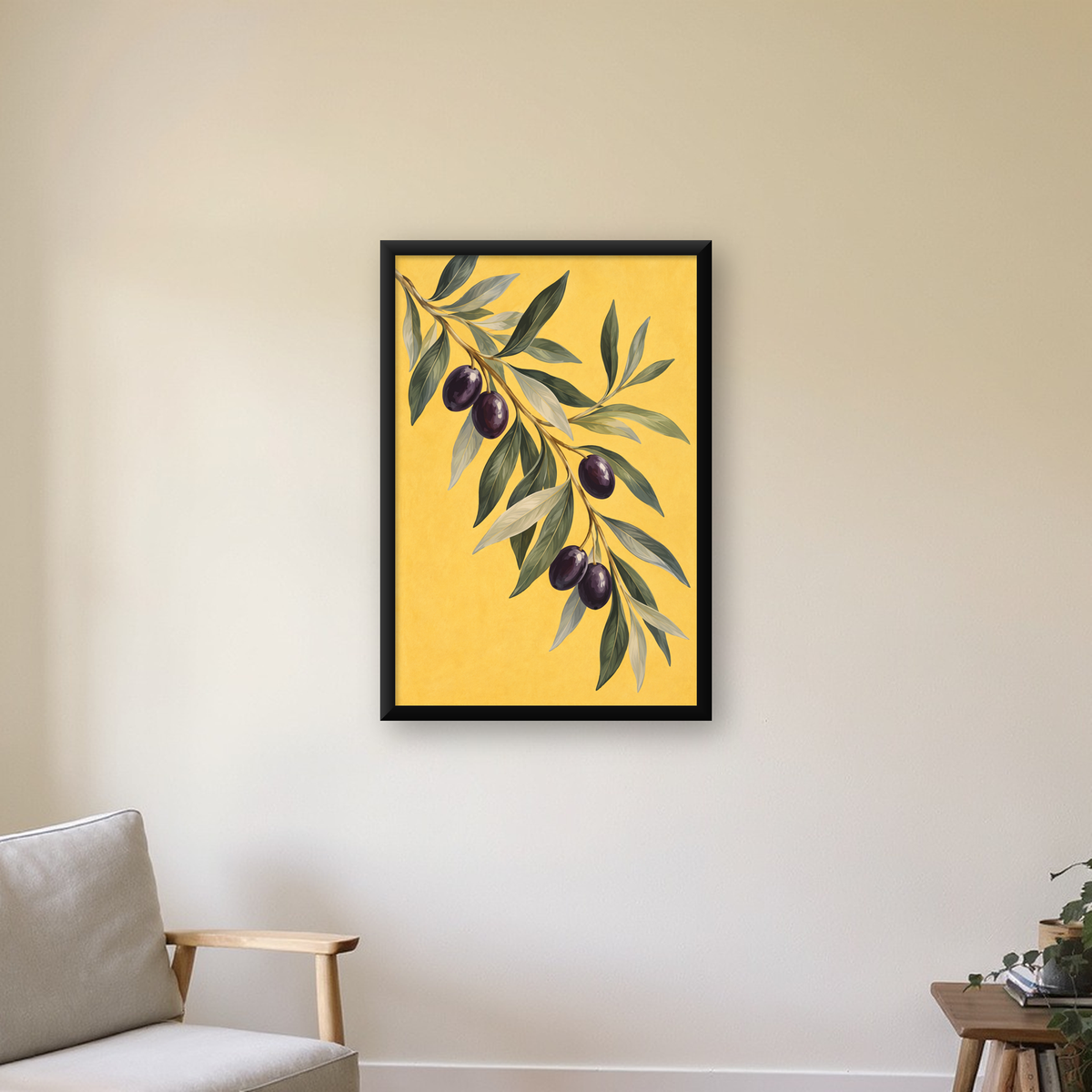 Sarı Zeminli Zeytin Dalı Suluboya Poster Baskısı — çerçeveli hâliyle bir ev duvarında