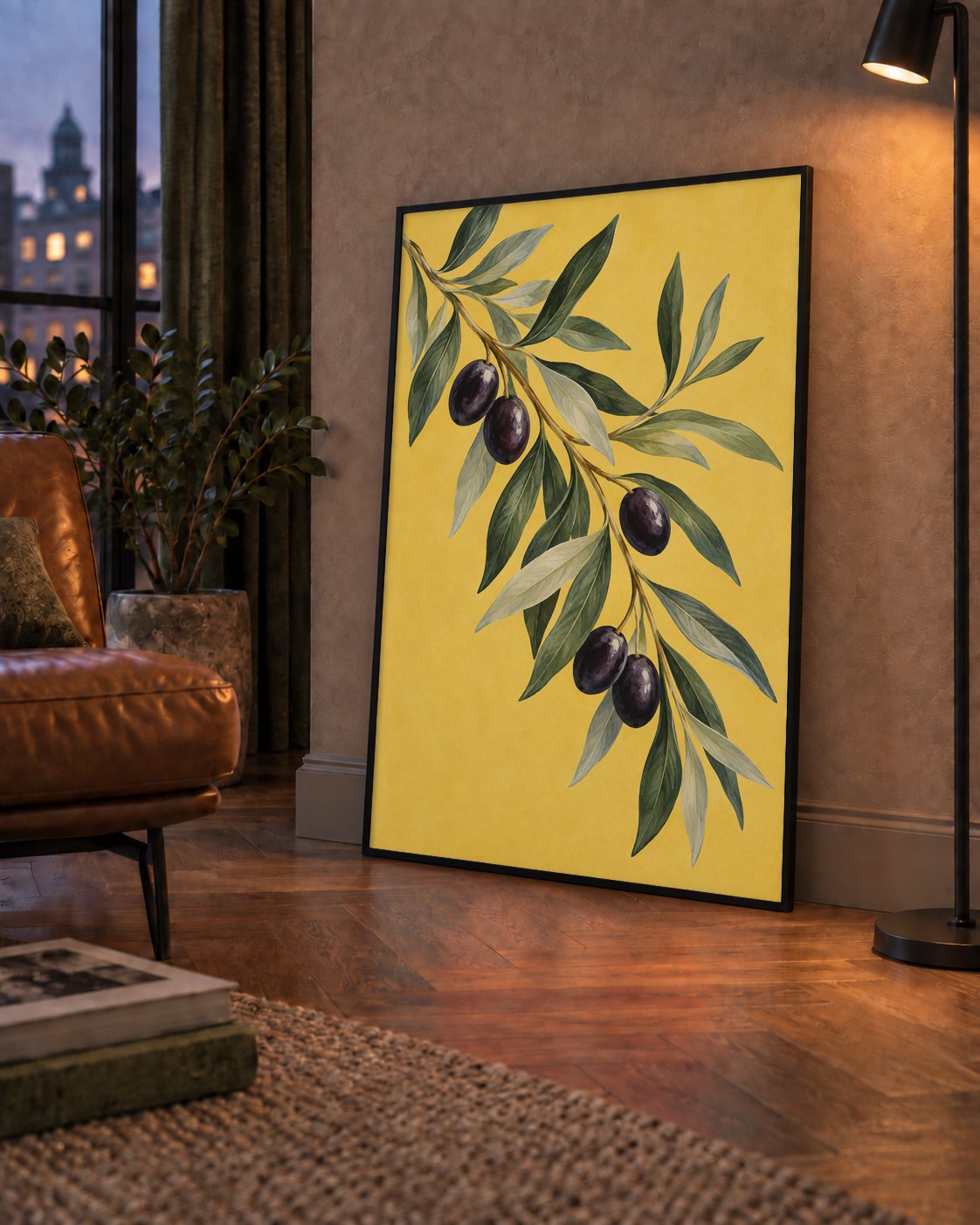Sarı Zeminli Zeytin Dalı Suluboya Poster Baskısı — çerçeveli hâliyle bir ev duvarında