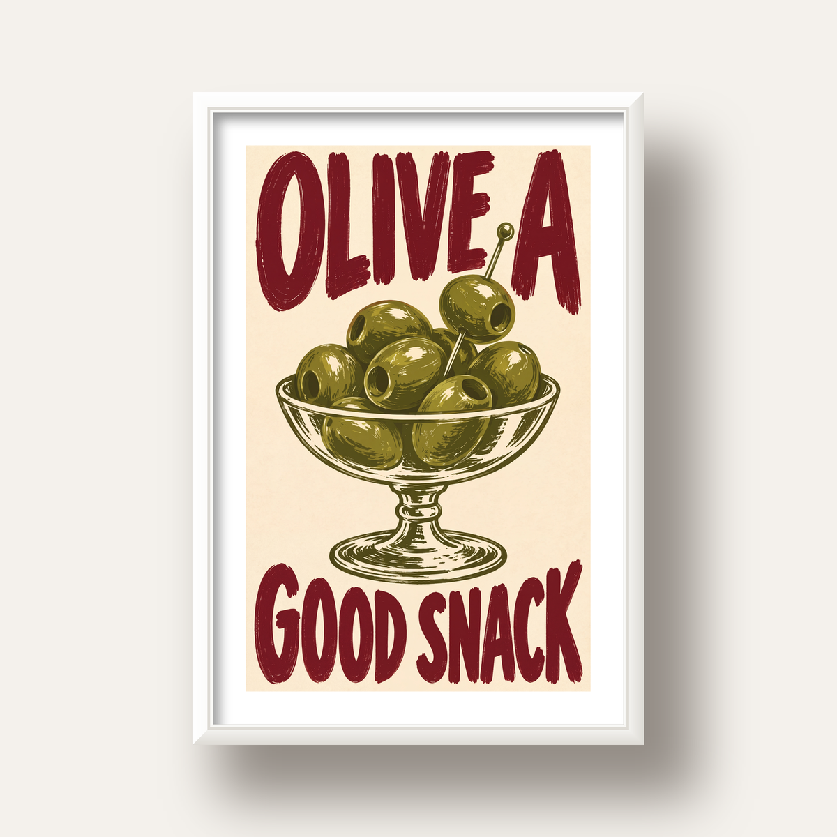 Retro Zeytin Kase İllüstrasyonlu Poster – OLIVE A GOOD SNACK — beyaz derin çerçeveli paspartulu