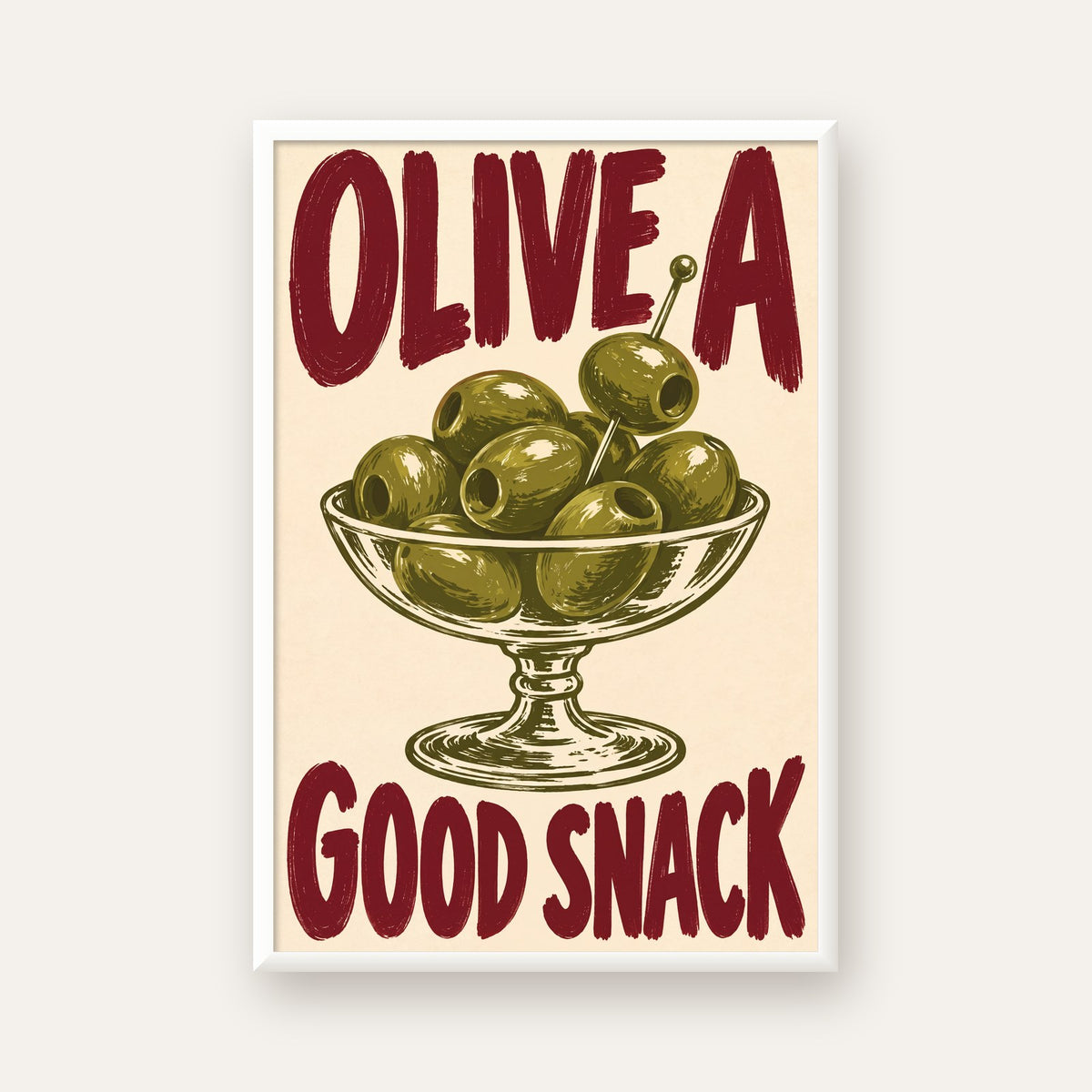 Retro Zeytin Kase İllüstrasyonlu Poster – OLIVE A GOOD SNACK — beyaz çerçeveli dikey poster