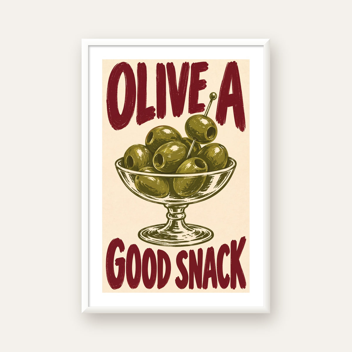 Retro Zeytin Kase İllüstrasyonlu Poster – OLIVE A GOOD SNACK — beyaz çerçeveli dikey poster