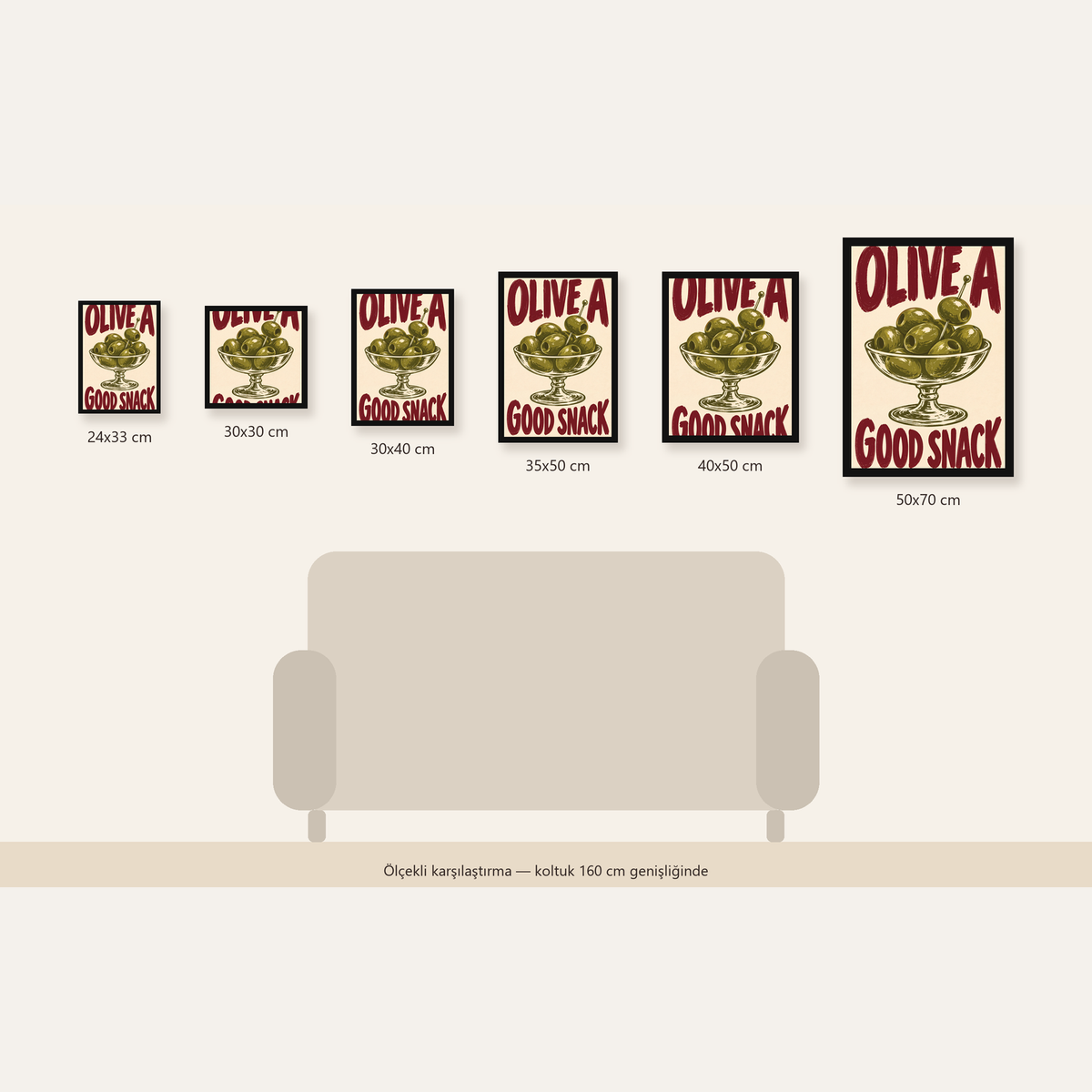 Retro Zeytin Kase İllüstrasyonlu Poster – OLIVE A GOOD SNACK — 24×33 cm'den 50×70 cm'e, altı ölçünün karşılaştırması