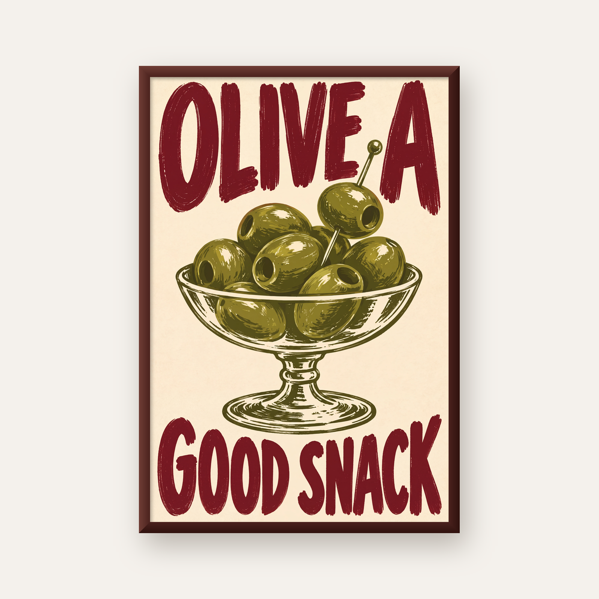Retro Zeytin Kase İllüstrasyonlu Poster – OLIVE A GOOD SNACK — ceviz çerçeveli