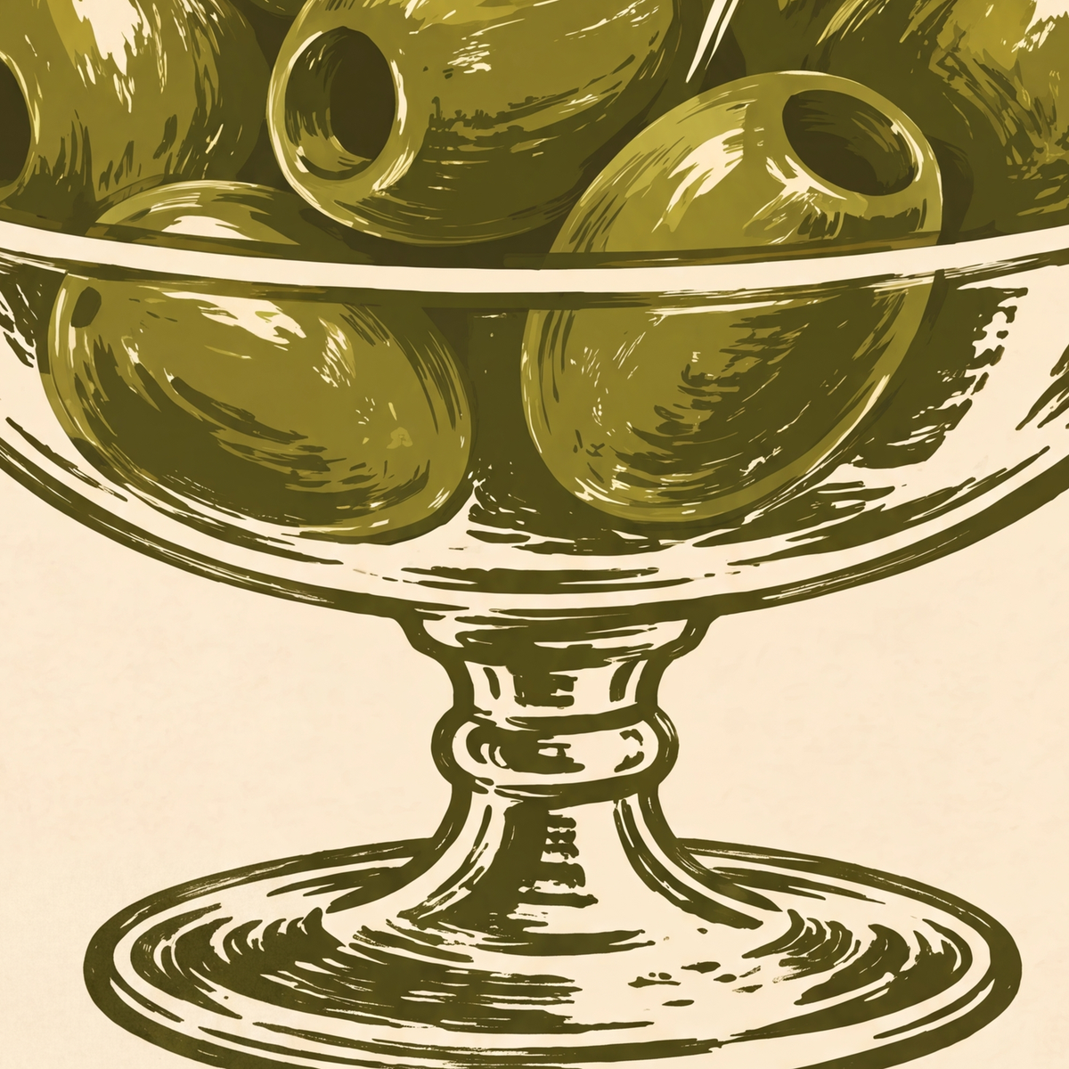 Retro Zeytin Kase İllüstrasyonlu Poster – OLIVE A GOOD SNACK — baskının yakın çekimi, kâğıt dokusu ve renk detayı