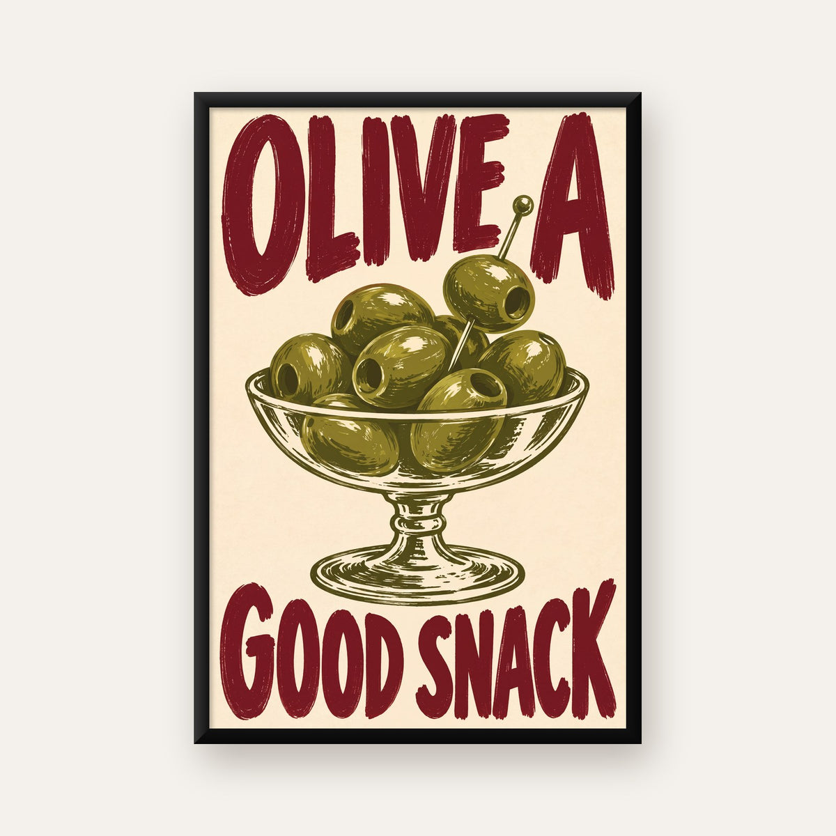 Retro Zeytin Kase İllüstrasyonlu Poster – OLIVE A GOOD SNACK — ceviz çerçeveli