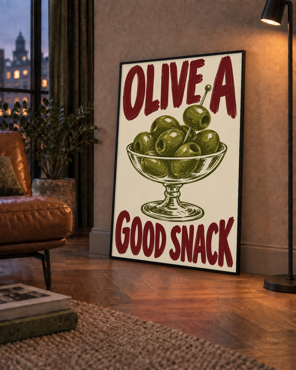 Retro Zeytin Kase İllüstrasyonlu Poster – OLIVE A GOOD SNACK — çerçeveli hâliyle bir ev duvarında
