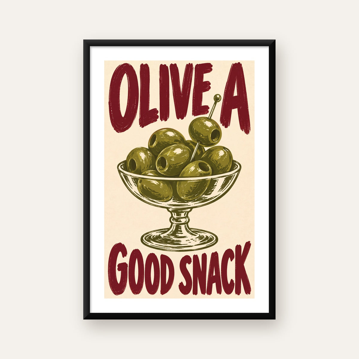 Retro Zeytin Kase İllüstrasyonlu Poster – OLIVE A GOOD SNACK — beyaz paspartulu, düz siyah çerçeveli