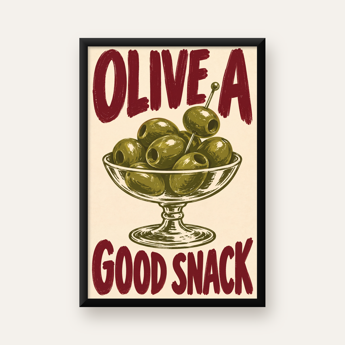 Retro Zeytin Kase İllüstrasyonlu Poster – OLIVE A GOOD SNACK — düz siyah çerçeveli duvar posteri