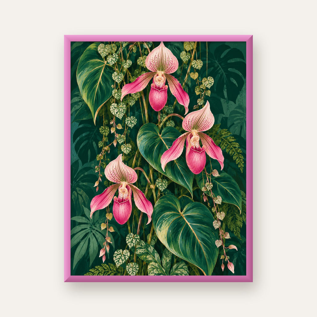 Zümrüt Orkideler Tropikal Botanik Poster — pembe çerçeveli