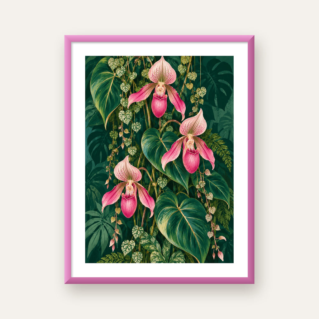 Zümrüt Orkideler Tropikal Botanik Poster — pembe çerçeveli paspartulu