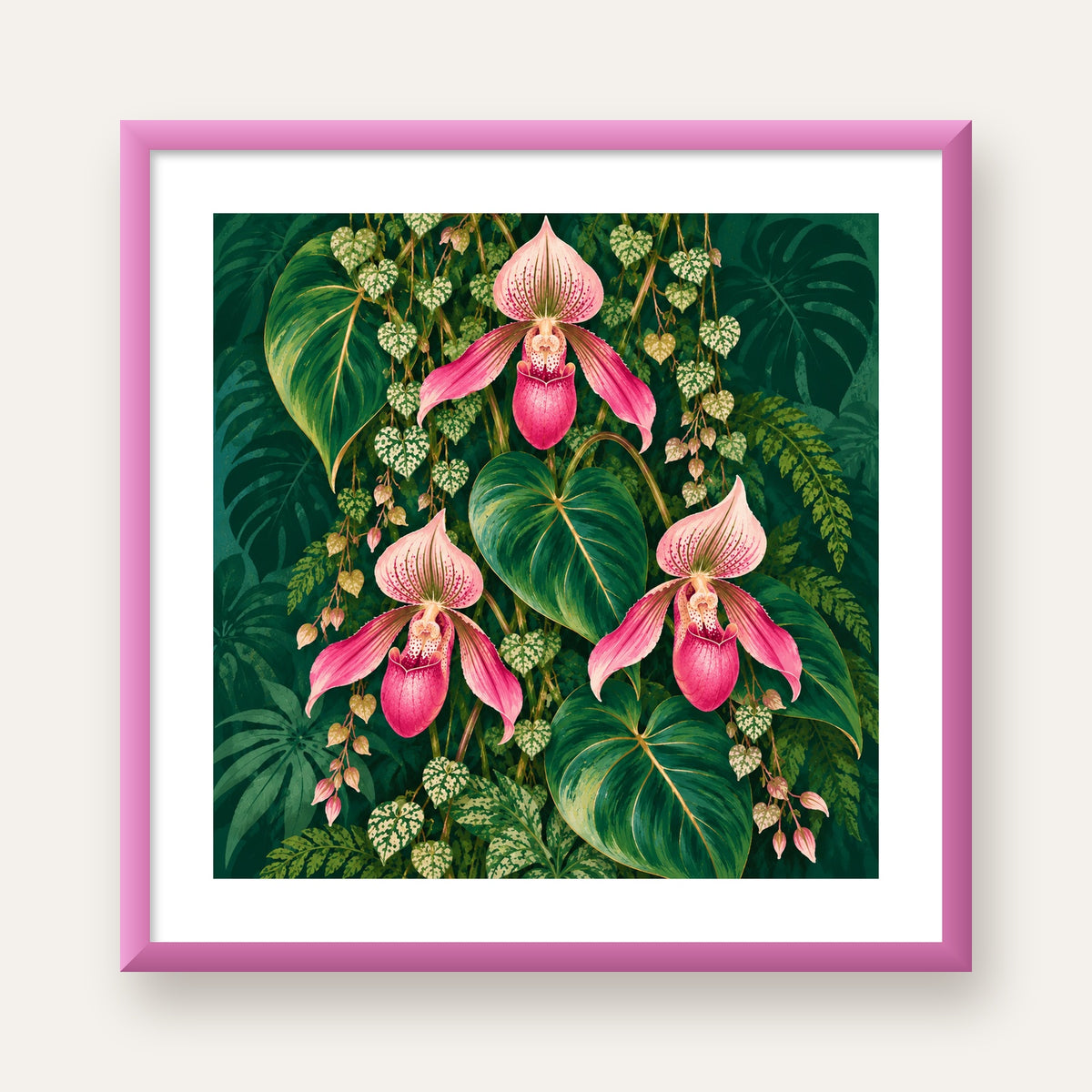 Zümrüt Orkideler Tropikal Botanik Poster — pembe çerçeveli paspartulu