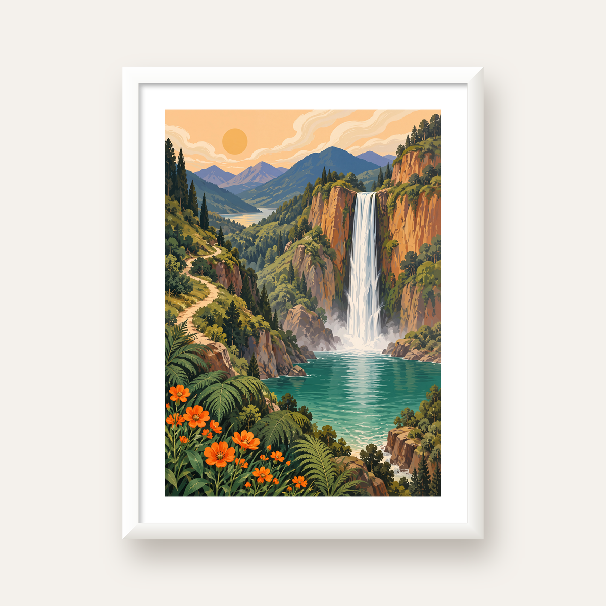 Dağ Manzaralı Şelale Canlı Renkli Dijital Sanat Poster — beyaz çerçeveli dikey poster