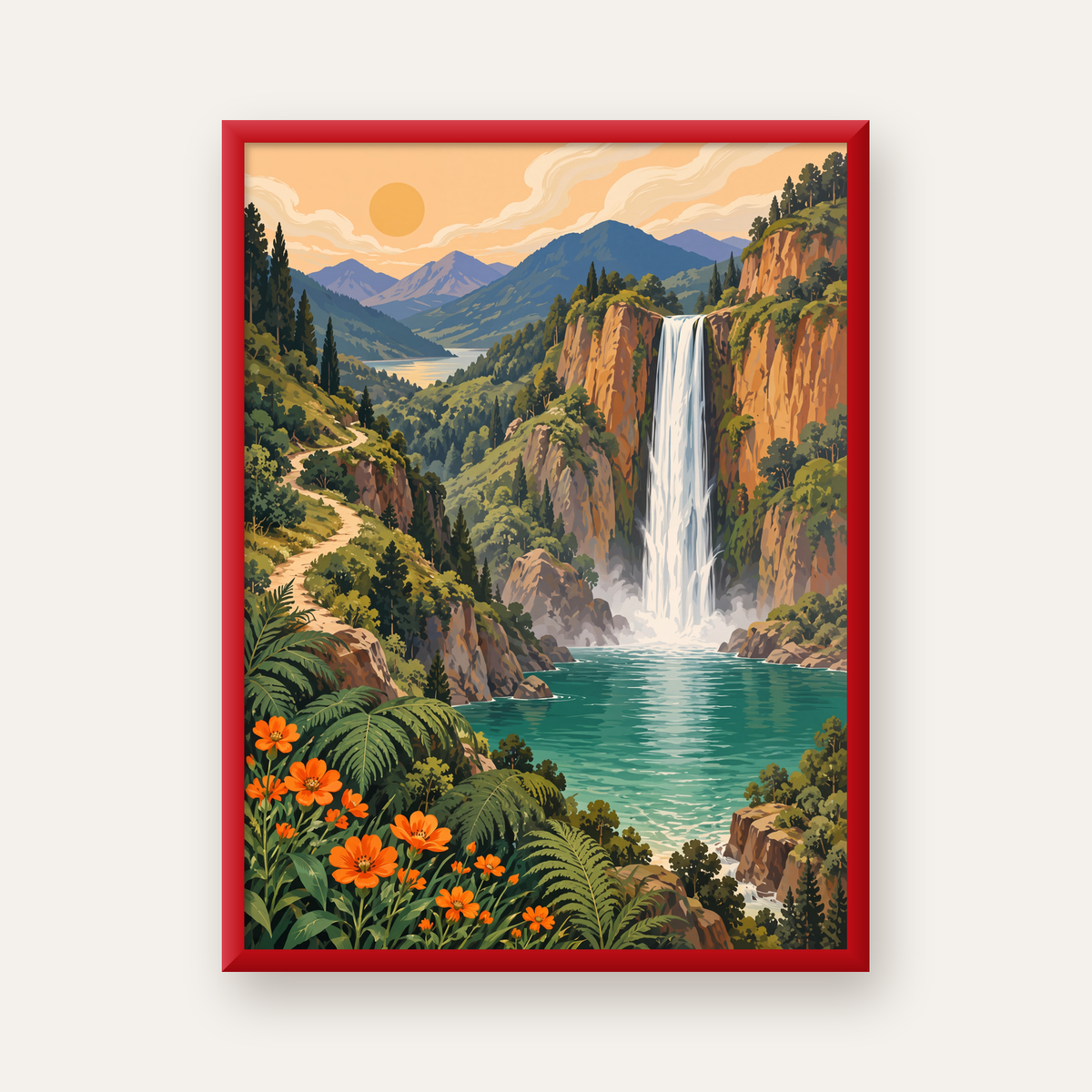 Dağ Manzaralı Şelale Canlı Renkli Dijital Sanat Poster — kırmızı çerçeveli