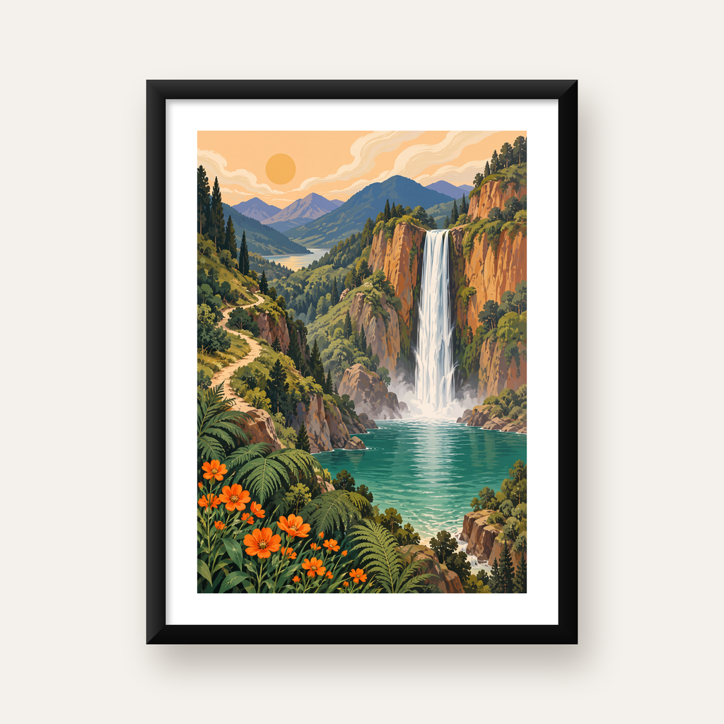 Dağ Manzaralı Şelale Canlı Renkli Dijital Sanat Poster — Dikey baskı, beyaz paspartulu