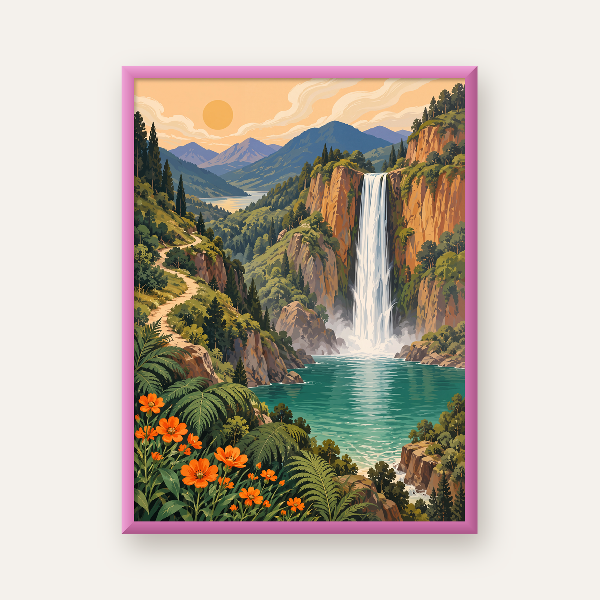 Dağ Manzaralı Şelale Canlı Renkli Dijital Sanat Poster — pembe çerçeveli